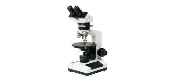 False Birefringence polarized light microscope with binocular eyepieces, objective lenses, circular stage, and LED illumination