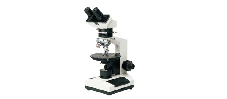 False Birefringence polarized light microscope with binocular eyepieces, objective lenses, circular stage, and LED illumination