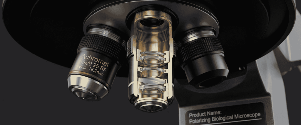 False Birefringence polarizing biological microscope objective lenses shown in detailed close-up