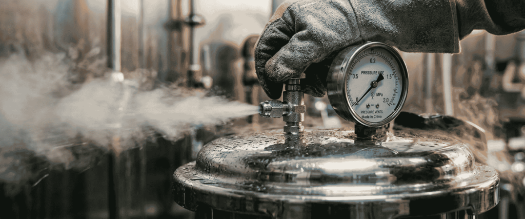 Gloved hand checks the pressure gauge on a steaming BKM-P18I Portable Autoclave in a laboratory
