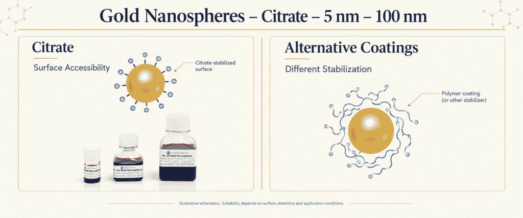 Gold citrate nanos­pheres from 5–100 nm with citrate-stabilized surfaces, vials, and alternative polymer coatings