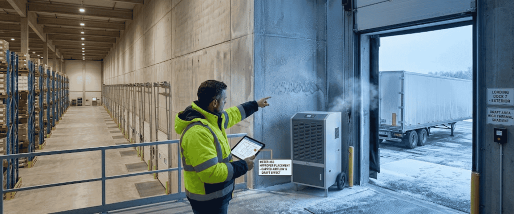 Humidity Sensor Worker in a warehouse loading dock monitors draft and mist near an open door with a sensor unit and truck outside