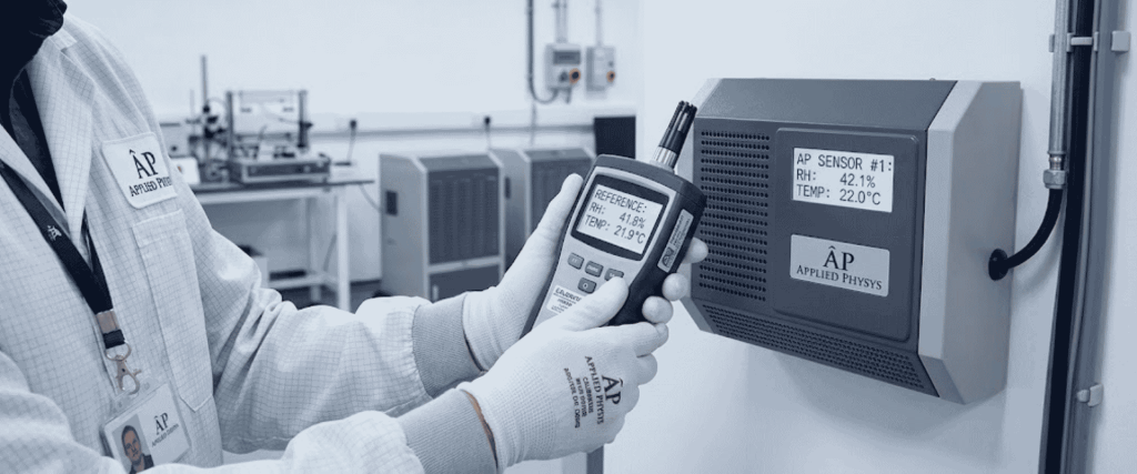 Humidity Sensor calibration test in a laboratory, with a technician comparing readings on handheld and wall-mounted devices