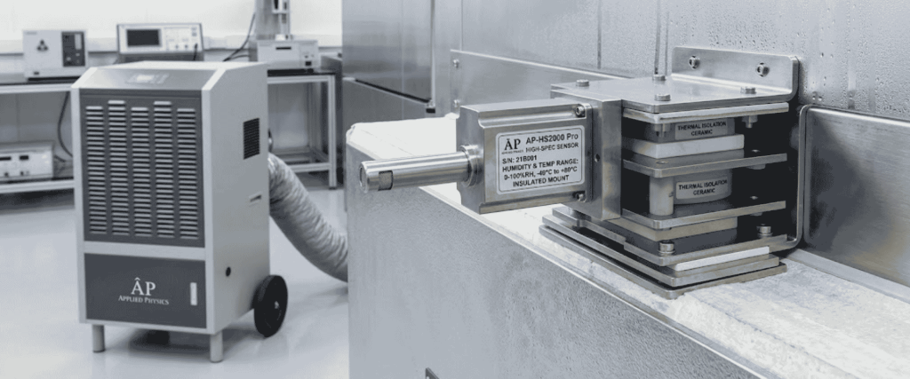 Humidity Sensor in a lab chamber with insulated mount and Applied Physics equipment for temperature and humidity testing