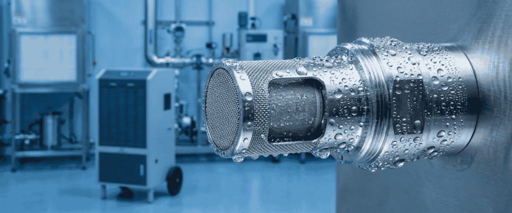 Humidity Sensor in a sterile lab, metal probe covered with condensation droplets for accurate moisture monitoring
