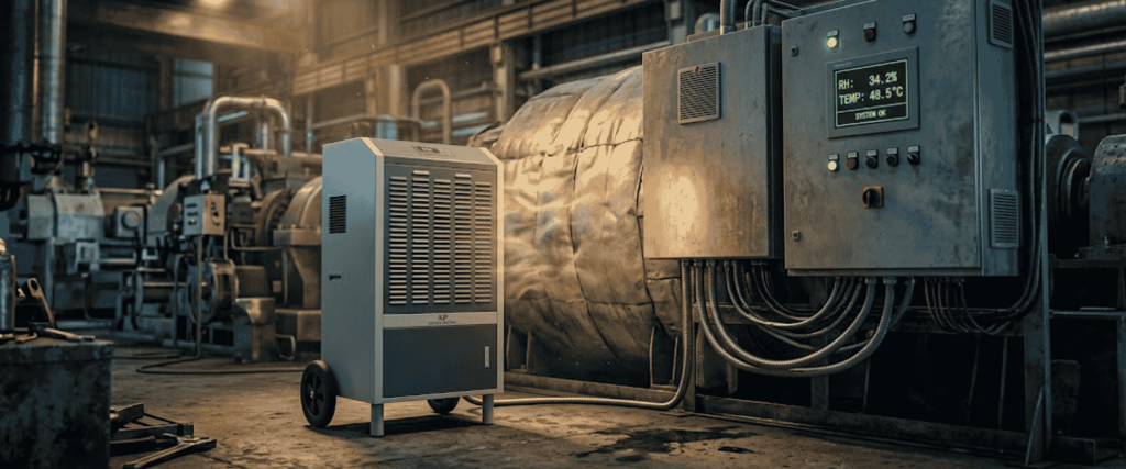 Humidity Sensor industrial humidity control unit in a factory, with digital display, pipes, and dehumidifier equipment