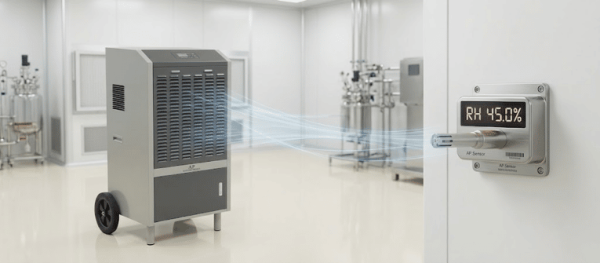 Humidity Sensor monitors RH 45.0% in a clean room, shown beside industrial equipment with airflow visualization