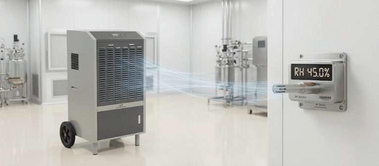 Humidity Sensor monitors RH 45.0% in a clean room, shown beside industrial equipment with airflow visualization