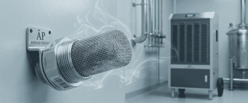 Humidity Sensor mounted on a wall in a clean industrial lab, with a metal mesh probe and equipment