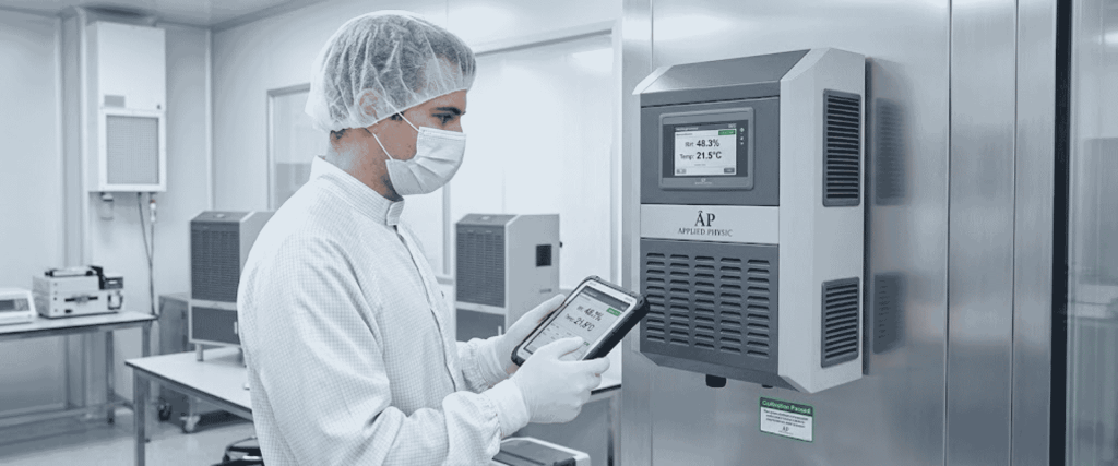 Humidity Sensor Technician in cleanroom checks wall-mounted sensor display on industrial equipment, monitoring temperature and humidity