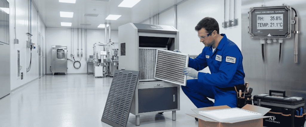 Humidity Sensor technician inspecting HVAC filter in cleanroom, with digital humidity and temperature monitor on wall