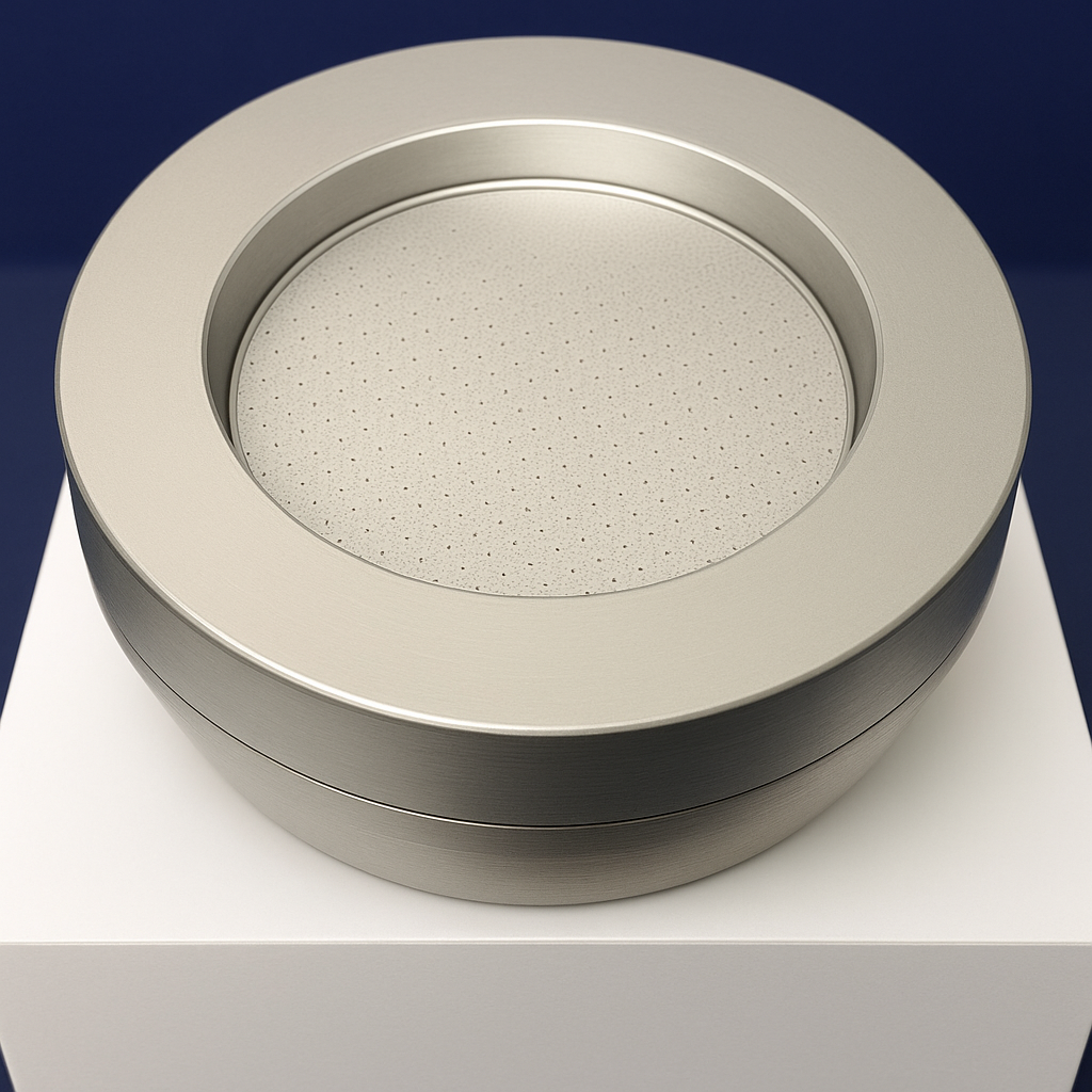 100 LPM (1 CFM) stainless steel inlet cover for precision microbial air sampling in pharmaceutical cleanrooms.