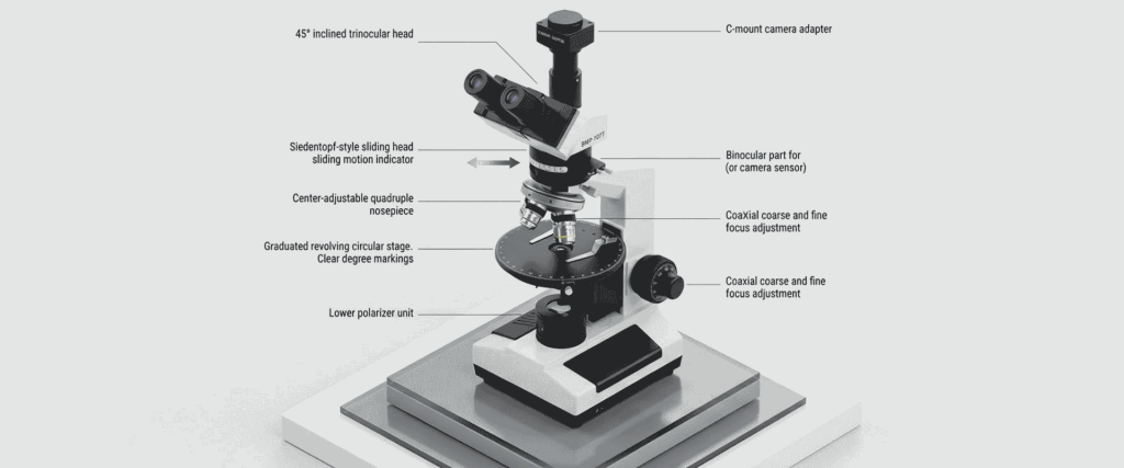 Microscope with polarizer, rotating stage, trinocular head, and camera adapter for False Birefringence analysis