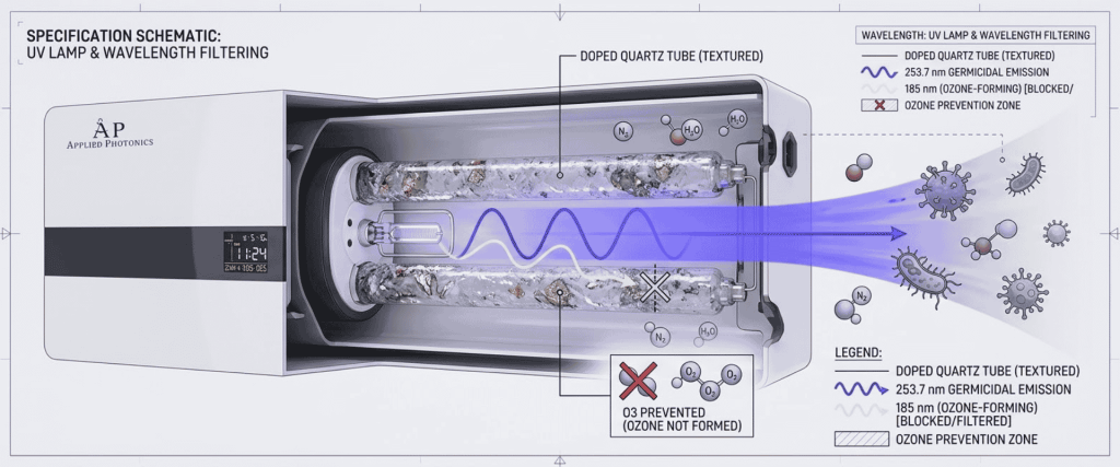 Occupied Rooms UV lamp schematic showing filtered wavelengths, ozone prevention, and germicidal light treating airborne microbes