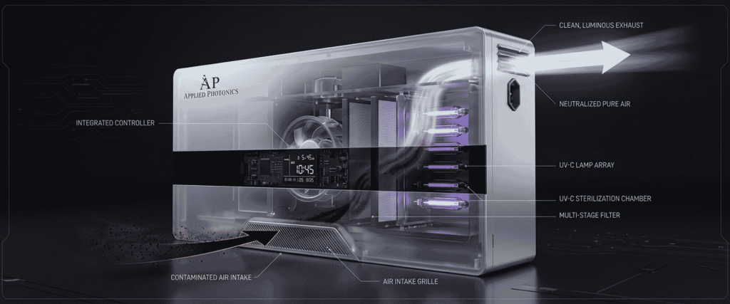 Occupied Rooms air purifier diagram showing UV-C sterilization, multi-stage filtration, contaminated air intake, and clean exhaust