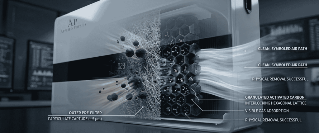 Occupied Rooms air purifier showing pre-filter particle capture and activated carbon filtration for clean, symbolized air output