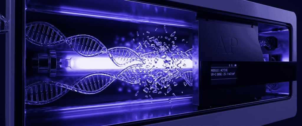 Occupied Rooms concept shown as a futuristic blue-lit device with DNA strands breaking apart inside