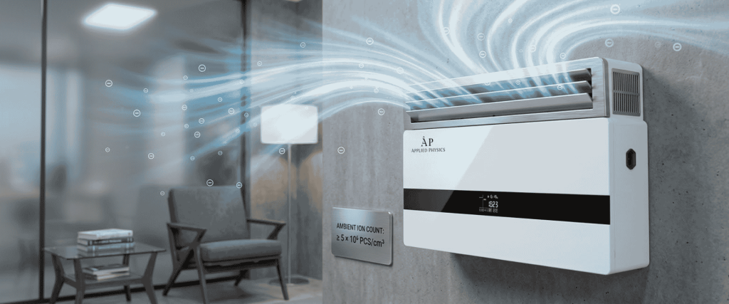 Occupied Rooms with an air purifier circulating clean air in a modern living room, showing ambient ion count and air quality