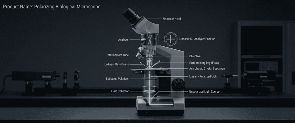 Polarizing biological microscope diagram illustrating False Birefringence, polarized light, analyzer, objective, and anisotropic crystal specimen