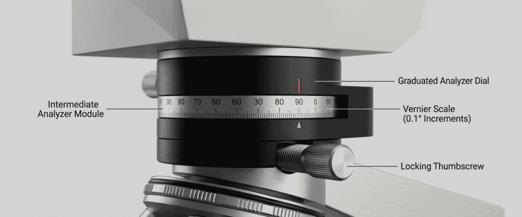 Polarizing biological microscope with analyzer dial, vernier scale, thumbscrew, and False Birefringence controls