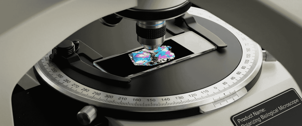 Polarizing microscope examining a colorful mineral sample showing False Birefringence under polarized light
