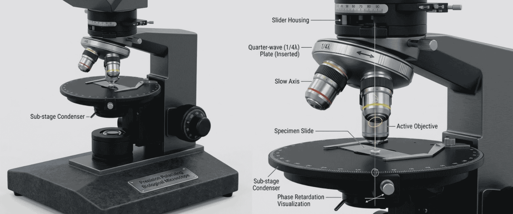 Polarizing microscope setup with specimen slide and quarter-wave plate for False Birefringence analysis