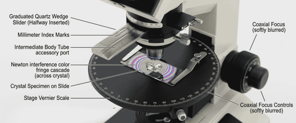 Polarizing microscope showing a crystal specimen with Newton interference colors for False Birefringence analysis