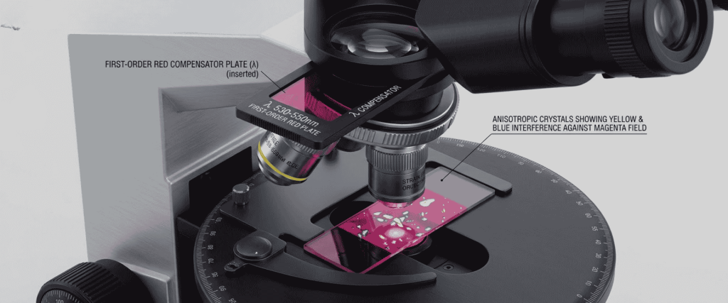 Polarizing microscope with λ plate showing false birefringence colors in anisotropic crystals