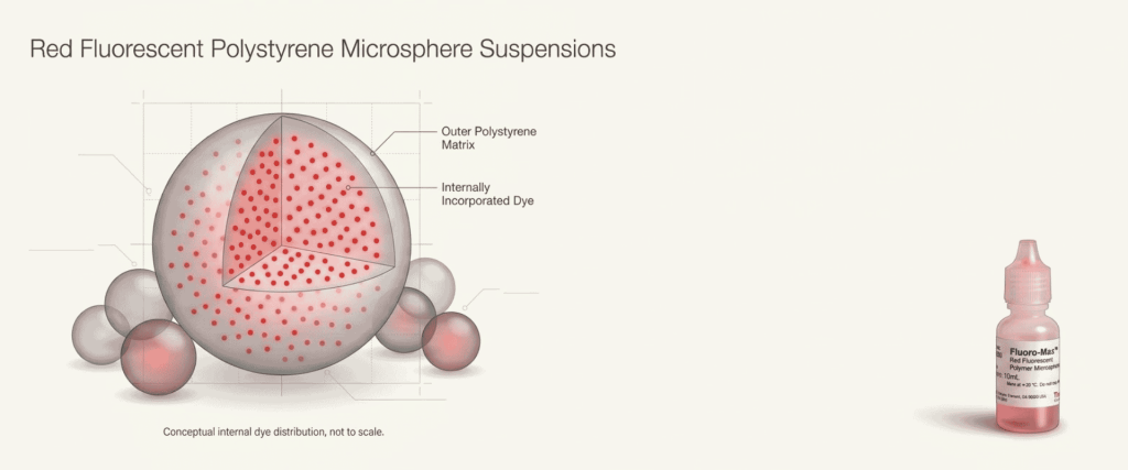 Red Fluorescent Polystyrene Microsphere Suspensions diagram with dye distribution and product bottle