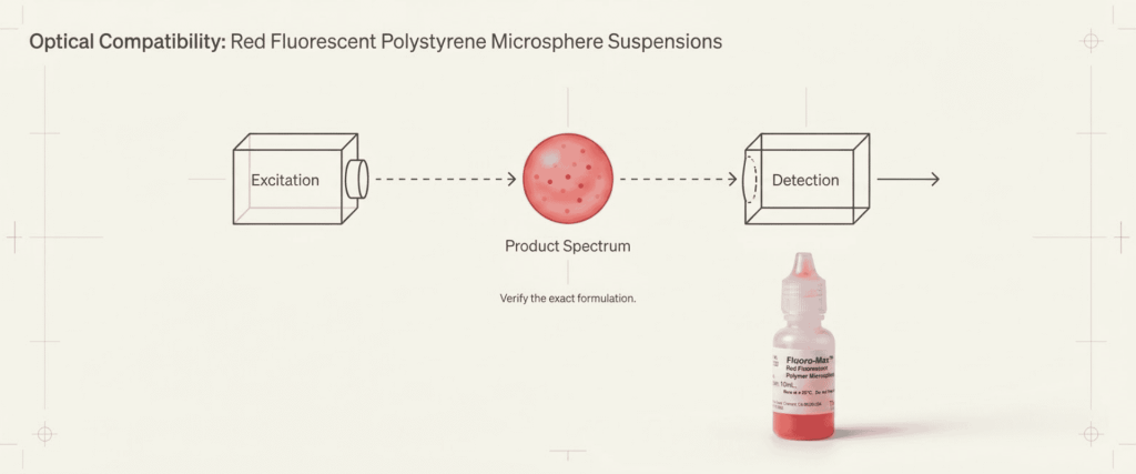 Red Fluorescent Polystyrene Microsphere suspension diagram showing excitation, product spectrum, detection, and sample bottle
