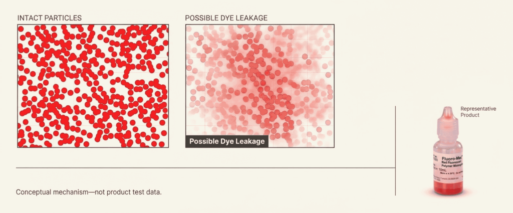 Red Fluorescent diagram comparing intact red particles with possible dye leakage and a representative product bottle