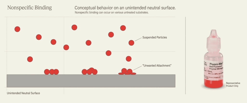Red Fluorescent diagram showing suspended particles and unwanted attachment on an unintended neutral surface