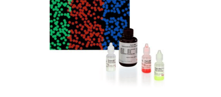 Red Fluorescent dyes and laboratory reagent bottles displayed against colorful microscopic cell patterns