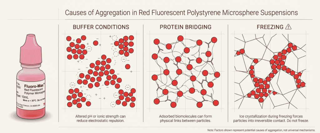 Red Fluorescent polystyrene microspheres aggregate due to buffer changes, protein bridging, and freezing ice crystals