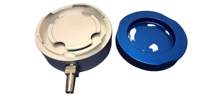 Stainless steel and blue component tray for EU GMP Annex 1 sterile manufacturing compliance