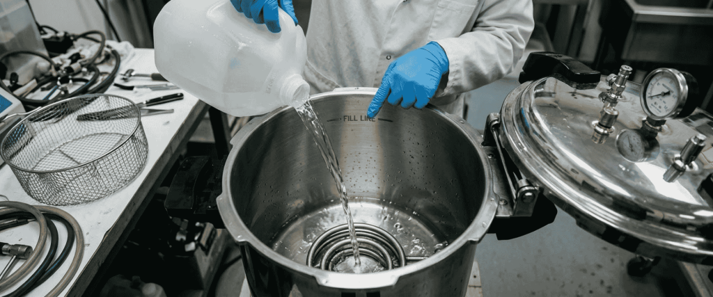 Technician pours water into a BKM-P18I Portable Autoclave before sterilization