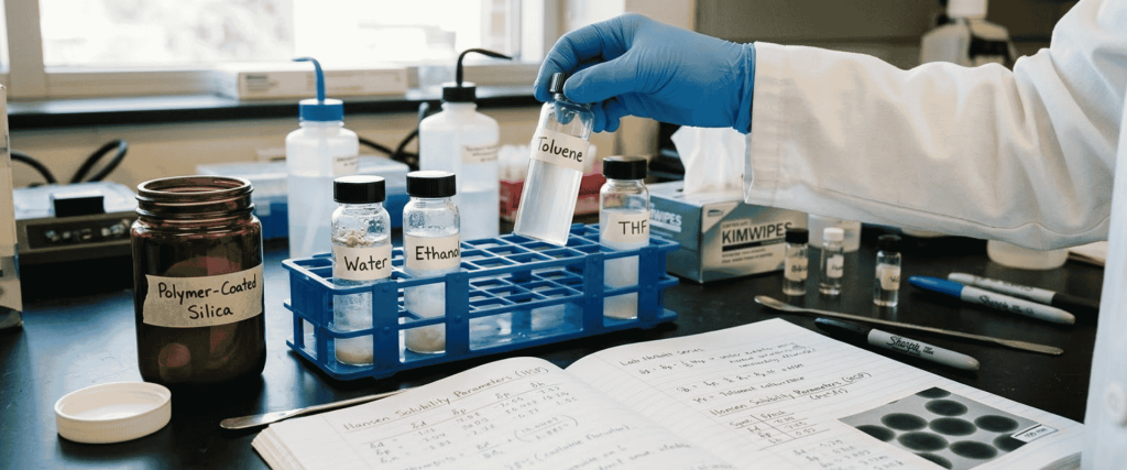 Ultrasonic Polymer-Coated silica and solvent samples arranged in a laboratory test rack for analysis