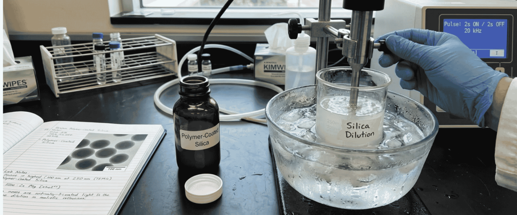 Ultrasonic Polymer-Coated silica dilution in a beaker, stirred in an ice bath during laboratory testing