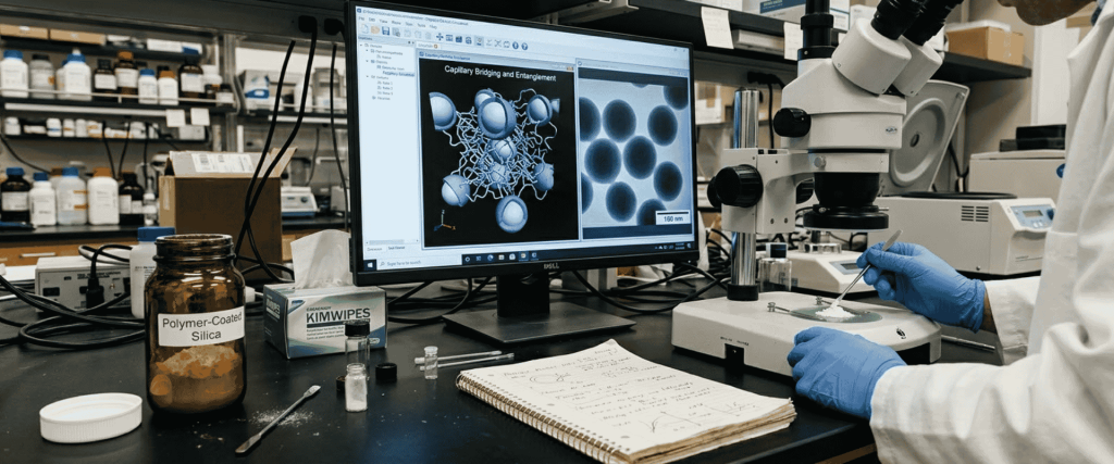 Ultrasonic Polymer-Coated silica nanoparticles analyzed under a microscope in a laboratory