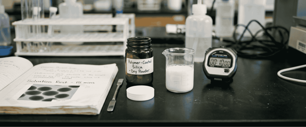 Ultrasonic Polymer-Coated silica powder, laboratory beaker, stopwatch, test notebook, and samples on a lab bench
