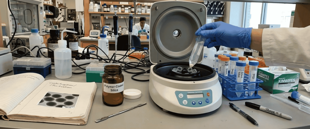 Ultrasonic Polymer-Coated silica sample prepared in a laboratory centrifuge with test tubes, pipette, and research notes