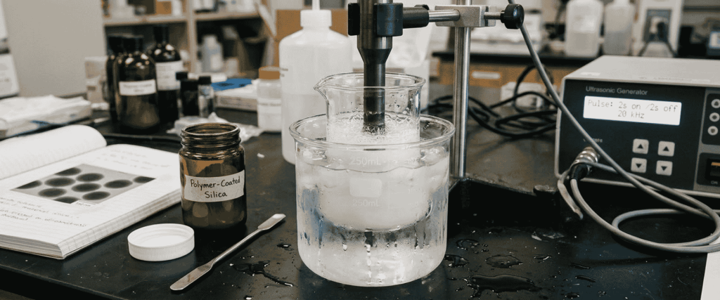 Ultrasonic Polymer-Coated silica suspension processed in a laboratory beaker using an ultrasonic generator