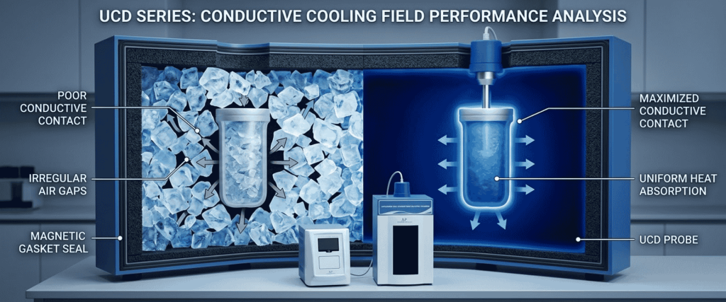 Ultrasonic UCD conductive cooling comparison showing poor contact versus uniform heat absorption with a probe