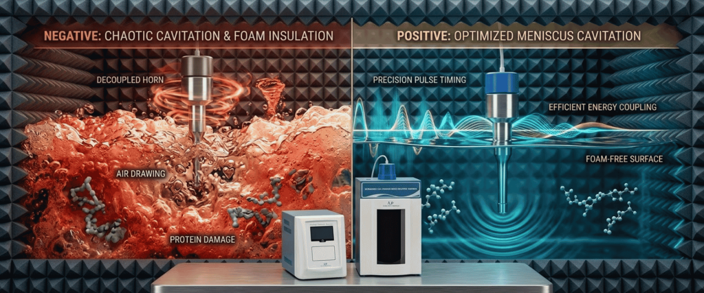 Ultrasonic cavitation comparison showing chaotic foam versus optimized meniscus cavitation with precision pulse timing