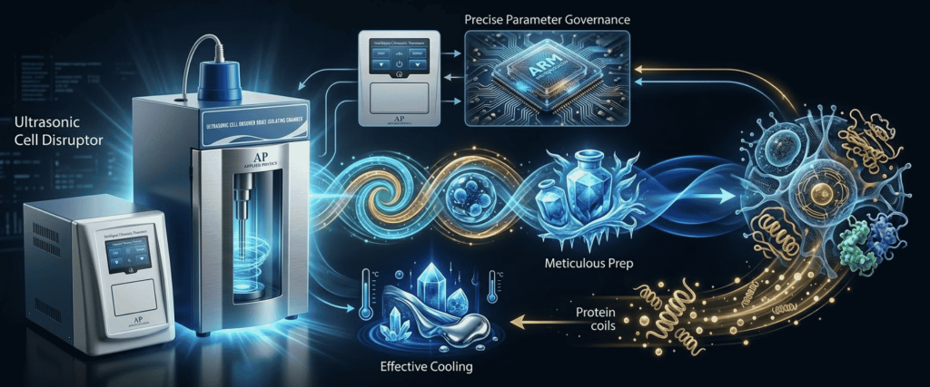 Ultrasonic cell disruptor with precise parameter governance, meticulous prep, effective cooling, and protein coil processing