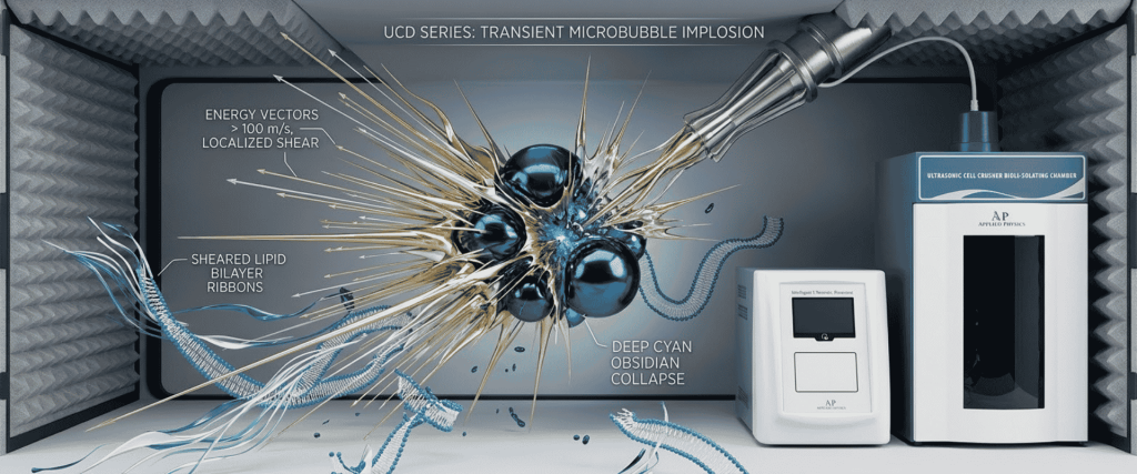 Ultrasonic chamber showing transient microbubble implosion, cyan particles, energy vectors, and sheared lipid bilayer ribbons