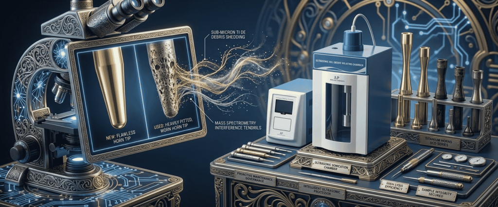 Ultrasonic equipment with microscope, horn tips, and scientific testing instruments on an ornate laboratory workstation