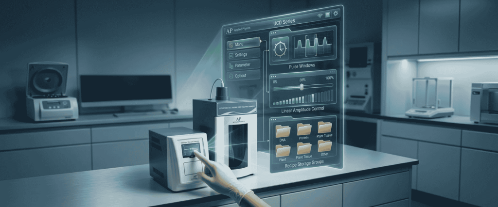 Ultrasonic laboratory device with touchscreen controls and digital pulse settings in a modern research lab