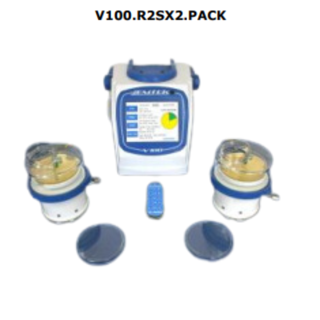 V100 Controller driving dual R2S slit-to-agar air samplers for continuous, high-efficiency environmental surveillance.