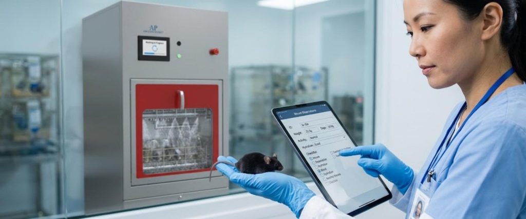 Vivarium Scientist in blue gloves monitors a mouse in a lab vivarium chamber using a tablet